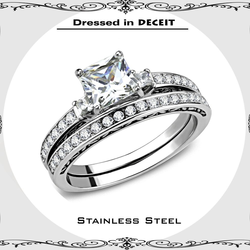 Bridal Set 1.64 Carat Princess Cut CZ Stainless Steel Ring Sz 5-6-7-8-9-10